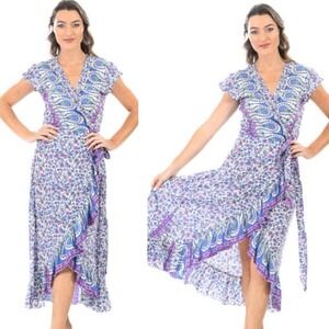 Walker & Wade Voyager Maxi Wrap Dress Lavender Purple Paisley Ruffle Trim Sz XS